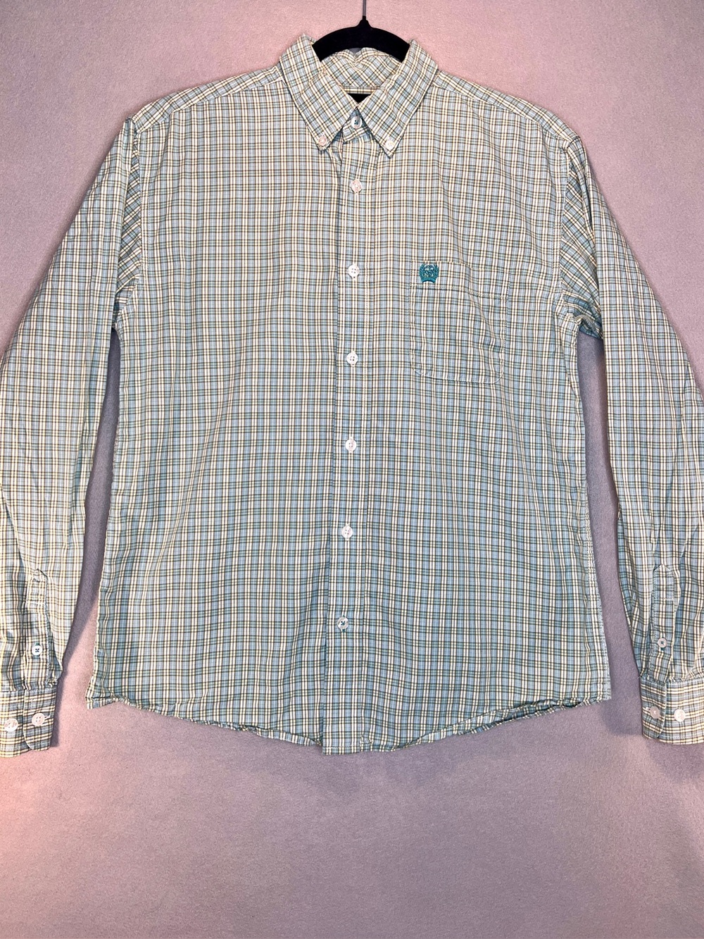 Boys Cinch Long Sleeve Button Up Western Shirt Size 14 Plaid Blue Green Cotton